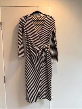 H&M Black and White Striped Wrap Midi Dress with Side Knot